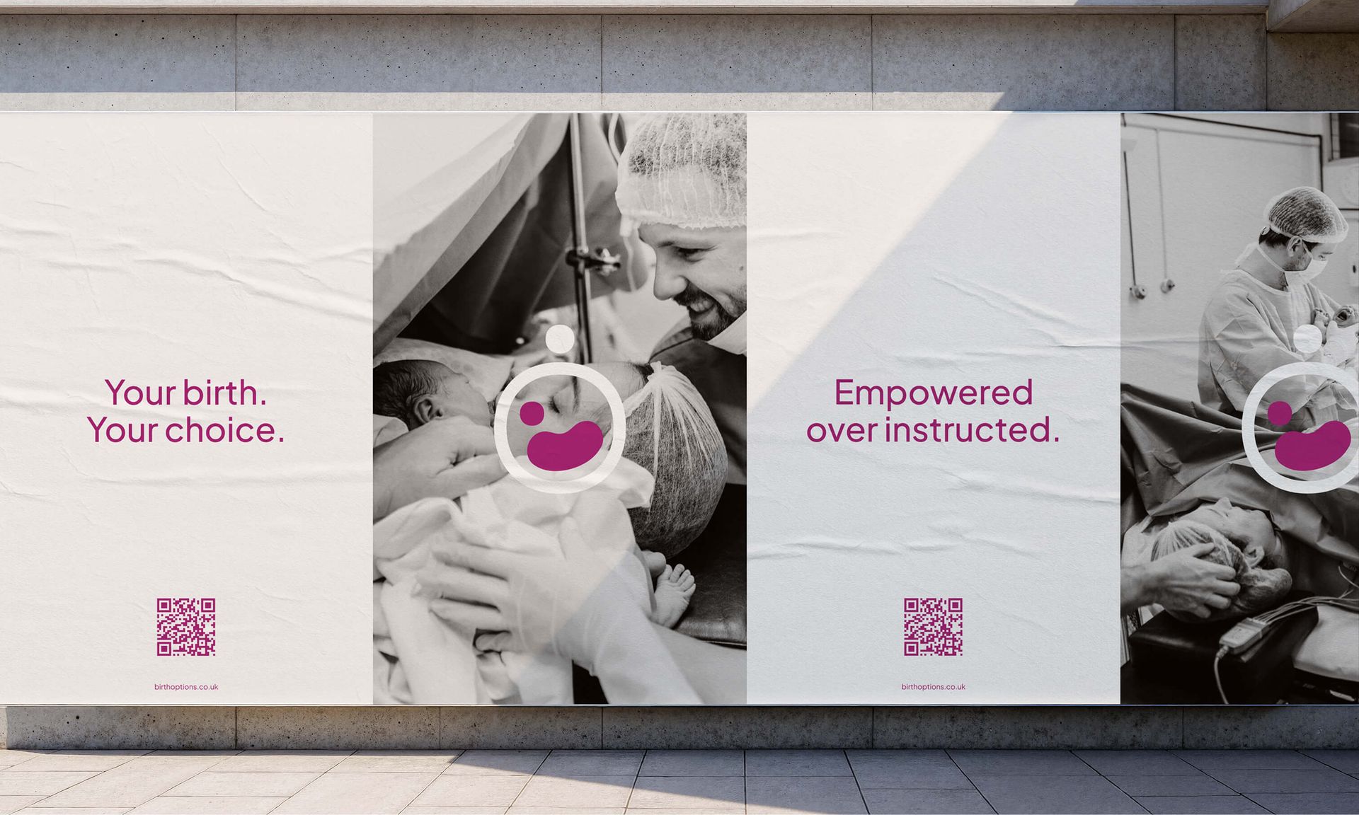 Birth Options bilboard with a newborn baby, mother and father inside surgery room