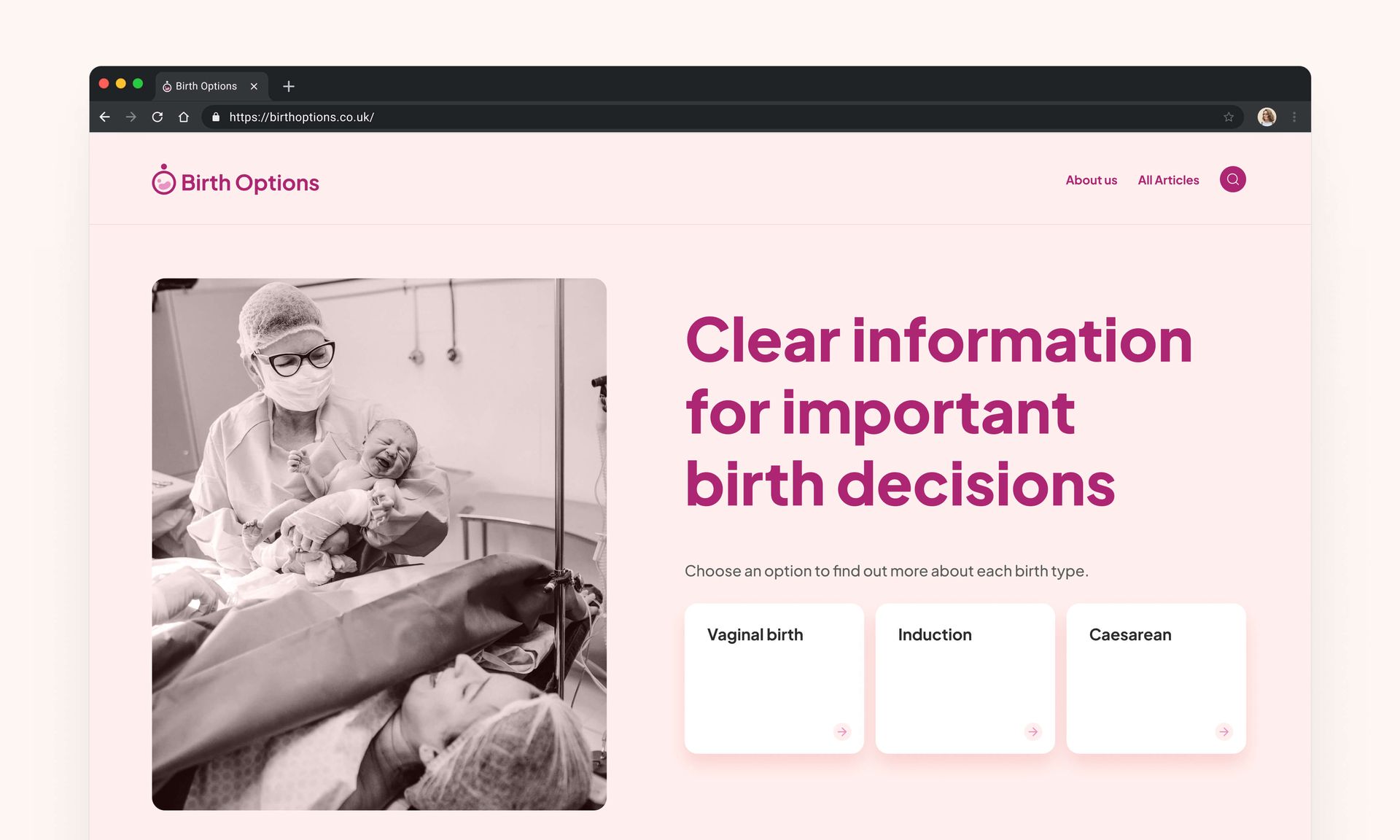 Birth Options website landing page