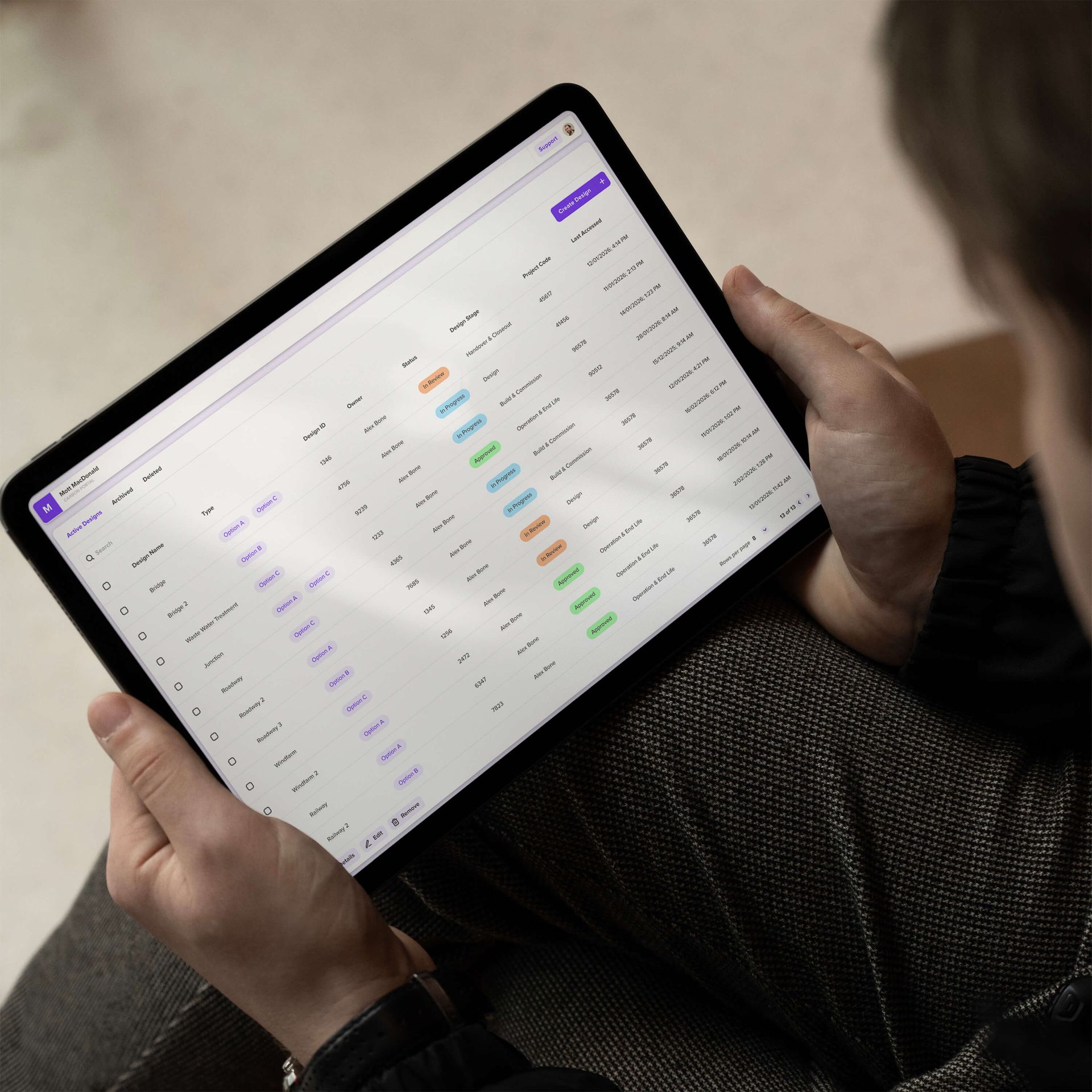 List inside Carbon Portal app showing different active designs