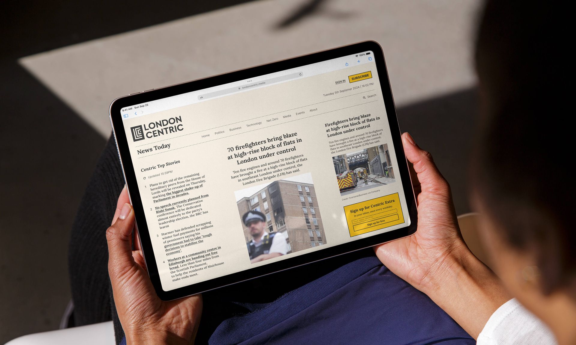 User reading London Centric news on a large screen