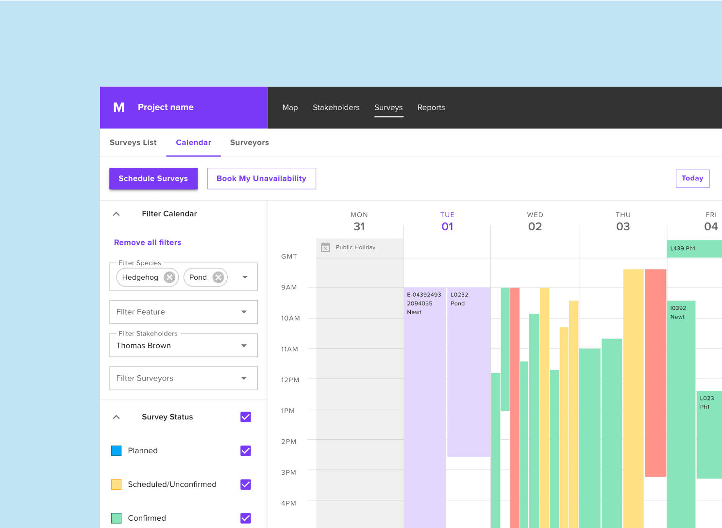 Survey schedule screen with numerous scheduled surveys